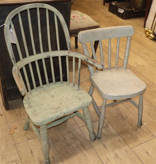 Two Victorian green/grey painted childs windsor chairs